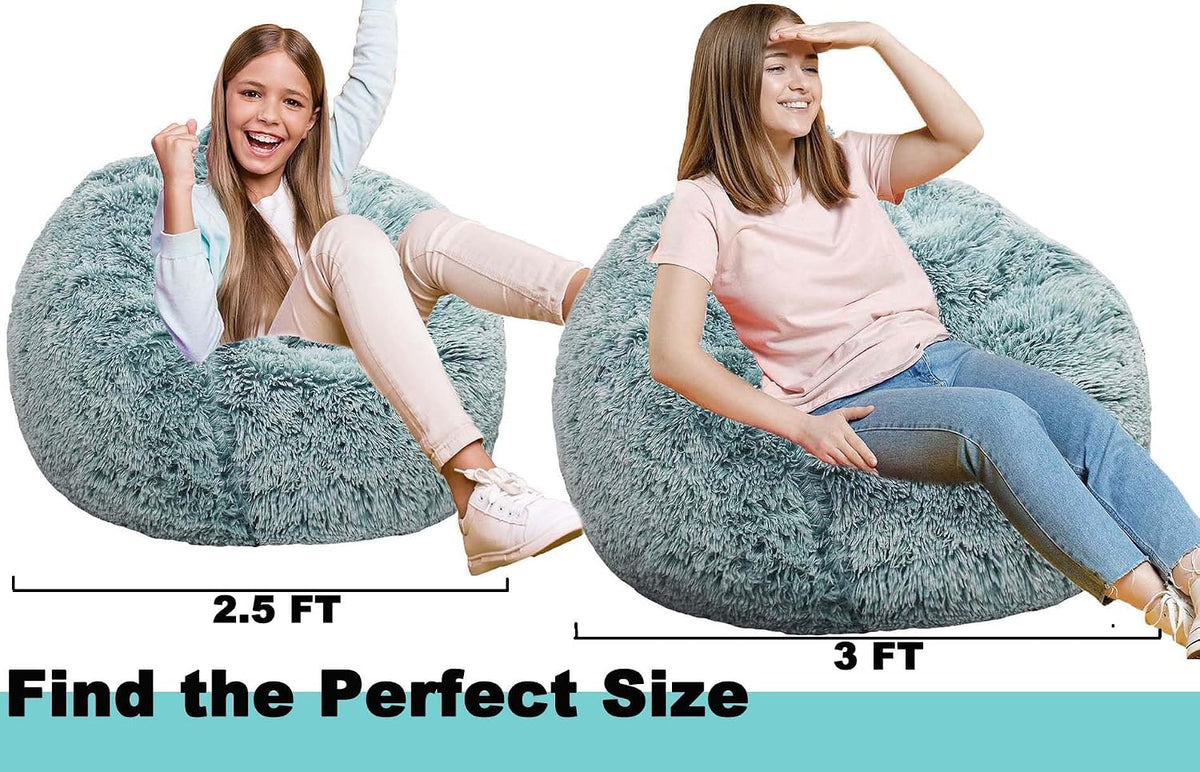 Fluffy Bean Bag Chair for Kids, 2.5FT Round Memory Foam Filled Bean Bag for Teens & Kids, Ultra Soft Faux Fur Fabric Bean Bag Chairs for Playroom, Living Room, Bedroom, Dark Green