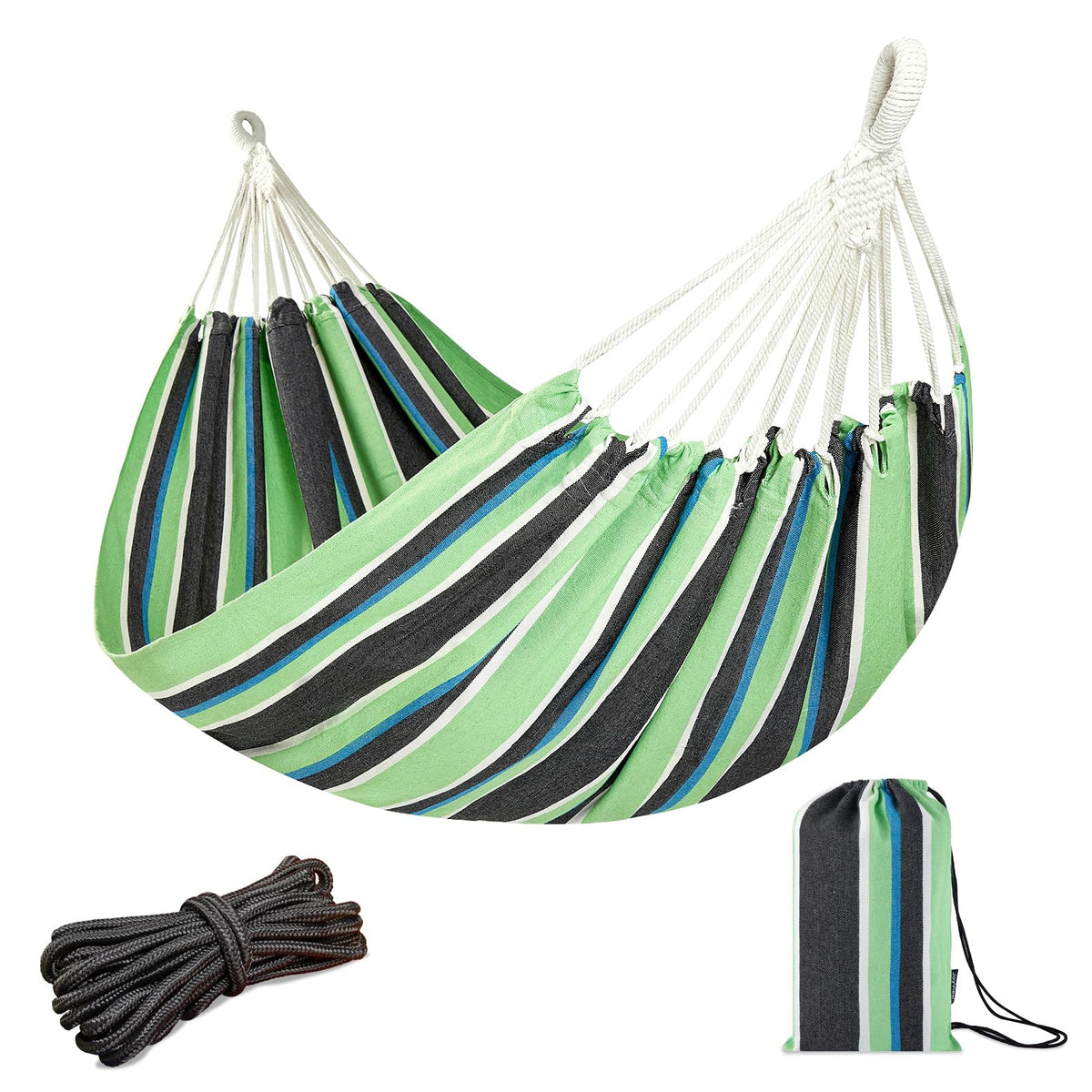 JoyView Brazilian Double Hammock with Hanging Ropes Extra Large 86.6x59” Portable Cotton Hammock for Patio Backyard Porch 450LBS Weight Capacity Perfect for Outdoor/Indoor - Color Stripes