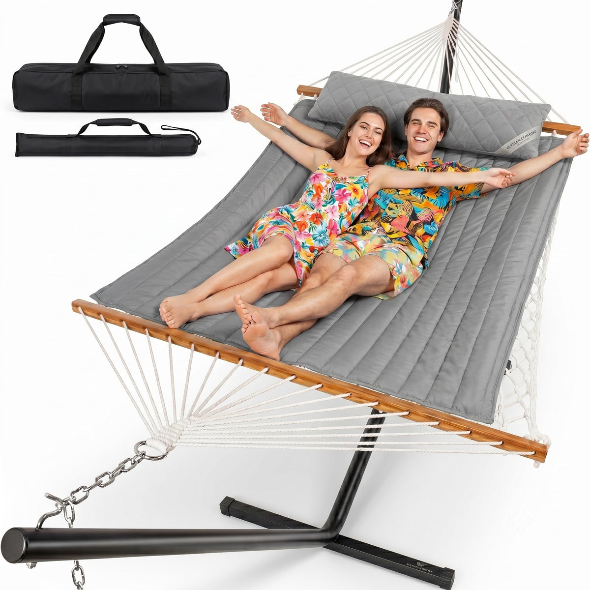 Everyfun 2 Person Double Hammock with Stand, 500 lb Cotton Rope, Blue