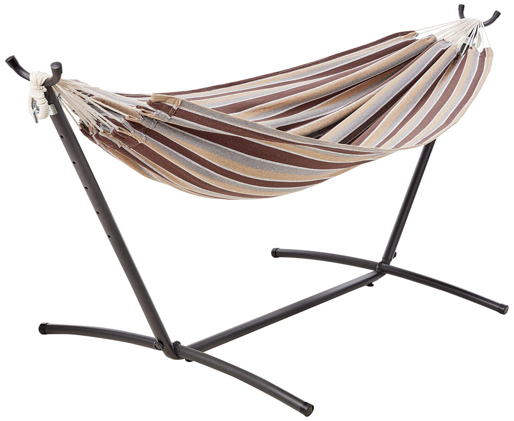 Amazon Basics Double Hammock with 9-Foot Space Saving Steel Stand and Carrying Case, 2 Person, 450 lb Capacity, Sunset Orange Stripe, 110" x 47" x 43", Outdoor