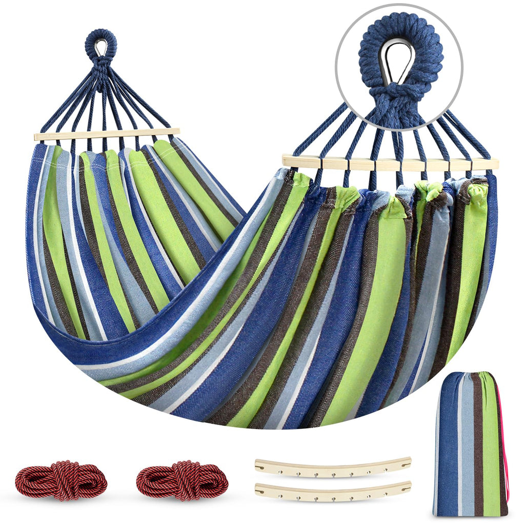 MOSFiATA Hammocks Portable Camping Hammock Upgraded 550lb Comfortable Fabric Hammock with Two Anti Roll Balance Beam and Sturdy Metal Knot Tree Straps for Camping, Patio, Backyard, Outdoor(Blue White)
