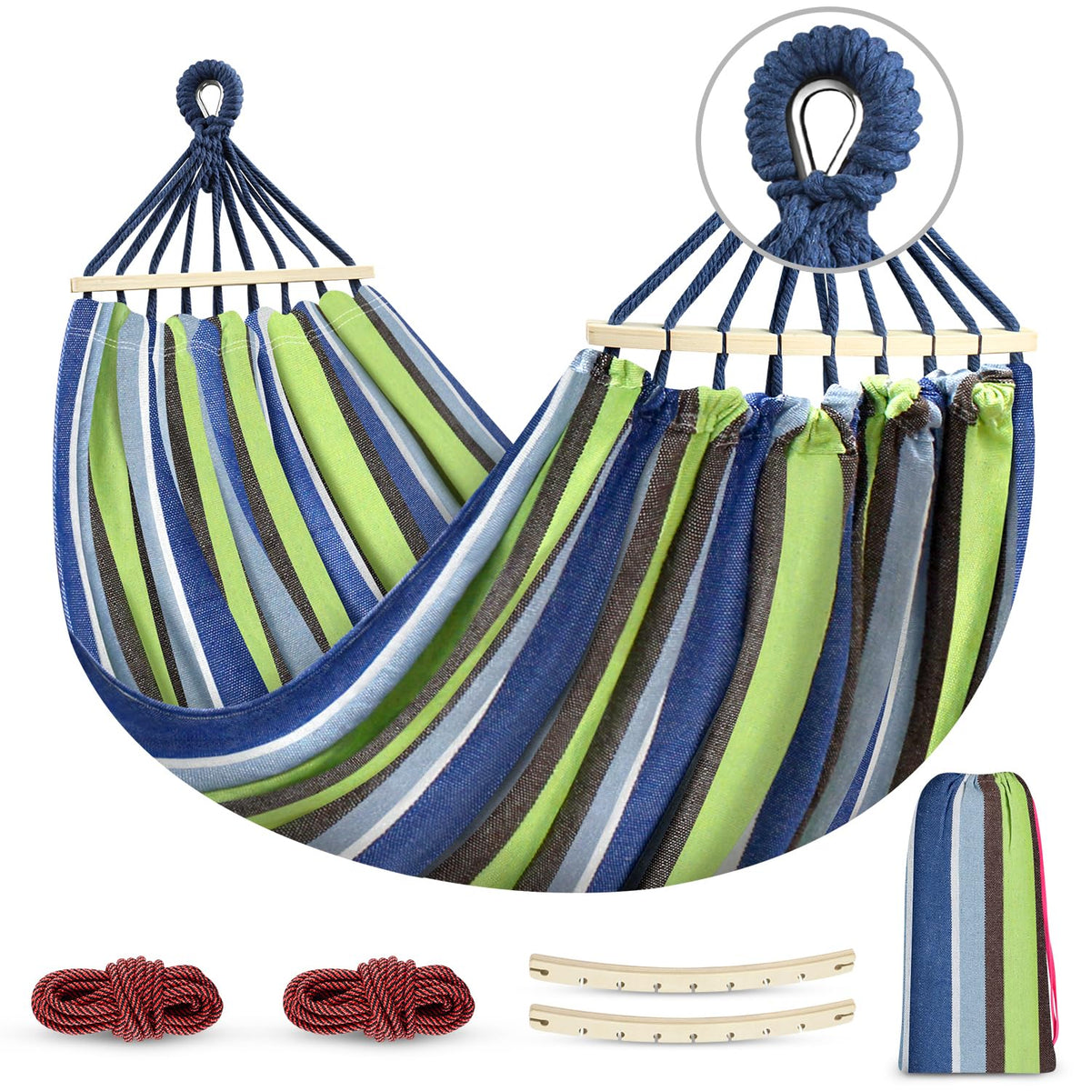 MOSFiATA Hammocks Portable Camping Hammock Upgraded 550lb Comfortable Fabric Hammock with Two Anti Roll Balance Beam and Sturdy Metal Knot Tree Straps for Camping, Patio, Backyard, Outdoor(Blue White)