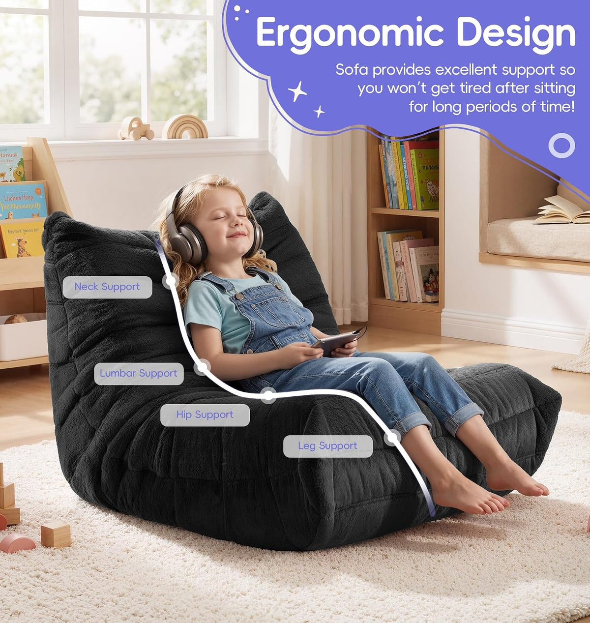 Hobestluk Kids Bean Bag Chair Fluffy Black Small Beanbag Couch