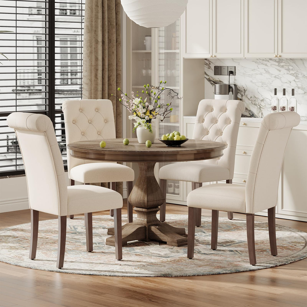 MALOL Upholstered Tufted Dining Room Chairs Set of 4, Parsons Kitchen Chairs with Padded Seat and Solid Wood Legs, Fabric Accent Side Diner Chair for Dining Room/Kitchen/Living Room, Beige