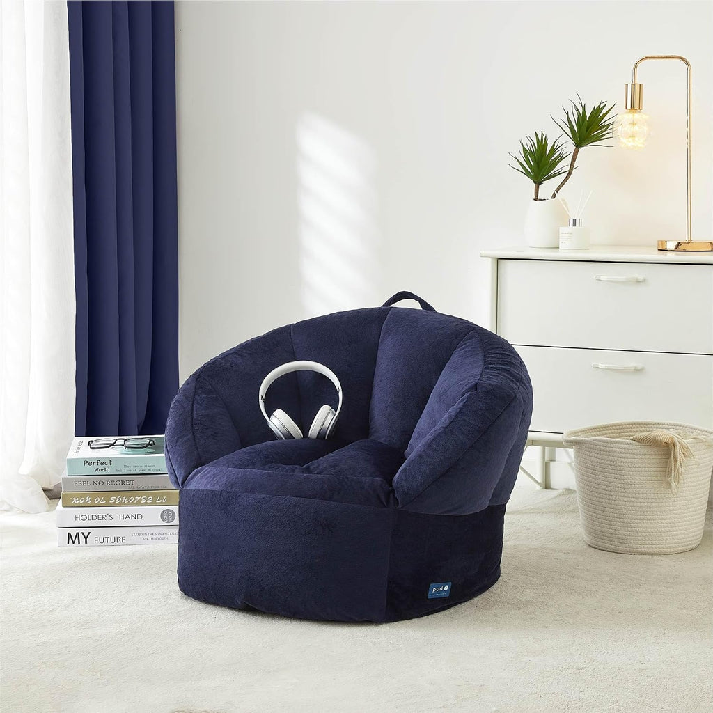 Heritage Kids Pod Curved Back Kids Bean Bag Chair, Soft Plush Lounge Seat for Bedroom or Playroom, Blue