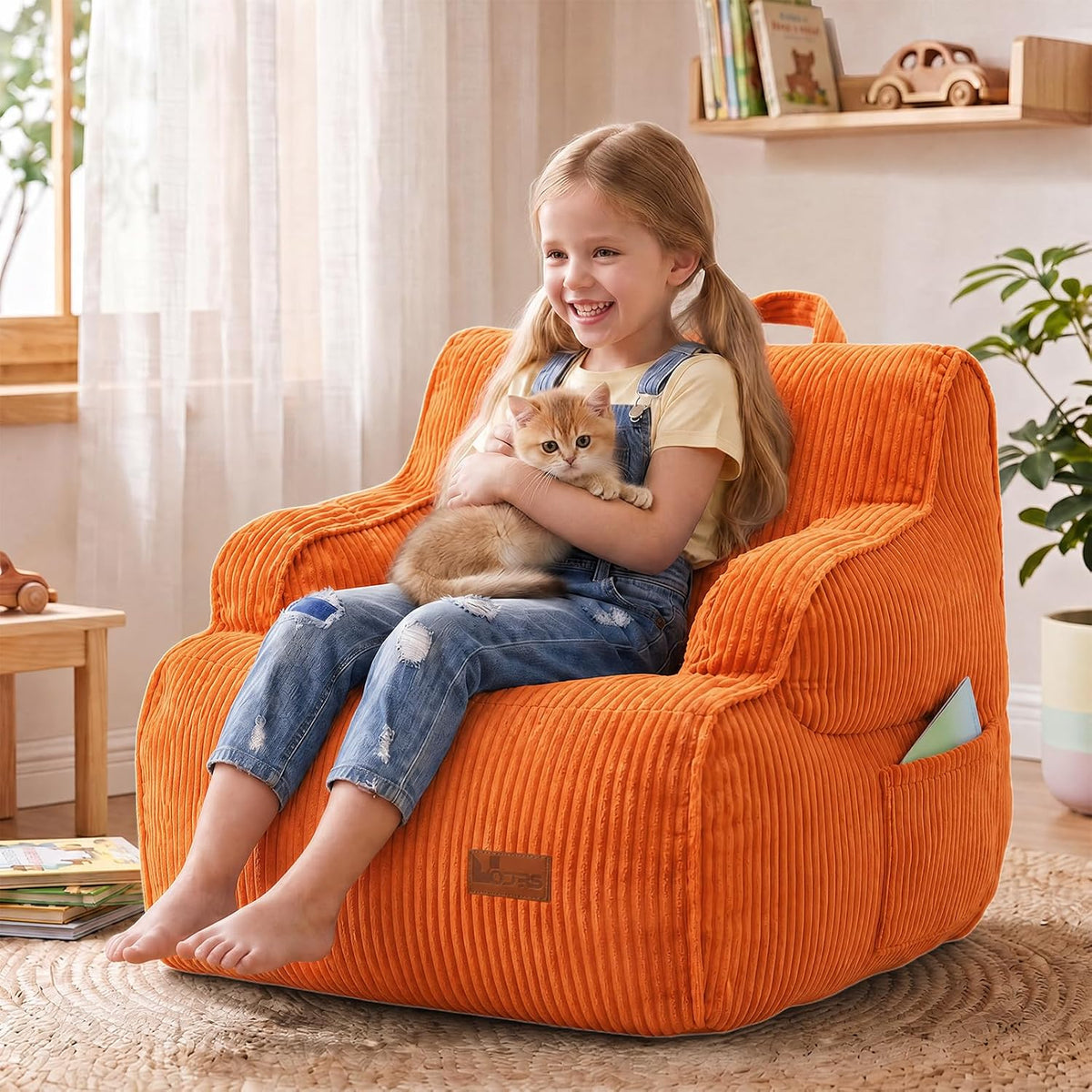 Bean Bag Chairs for Kids, Kids Bean Bag with Side Pocket-BurntOrange