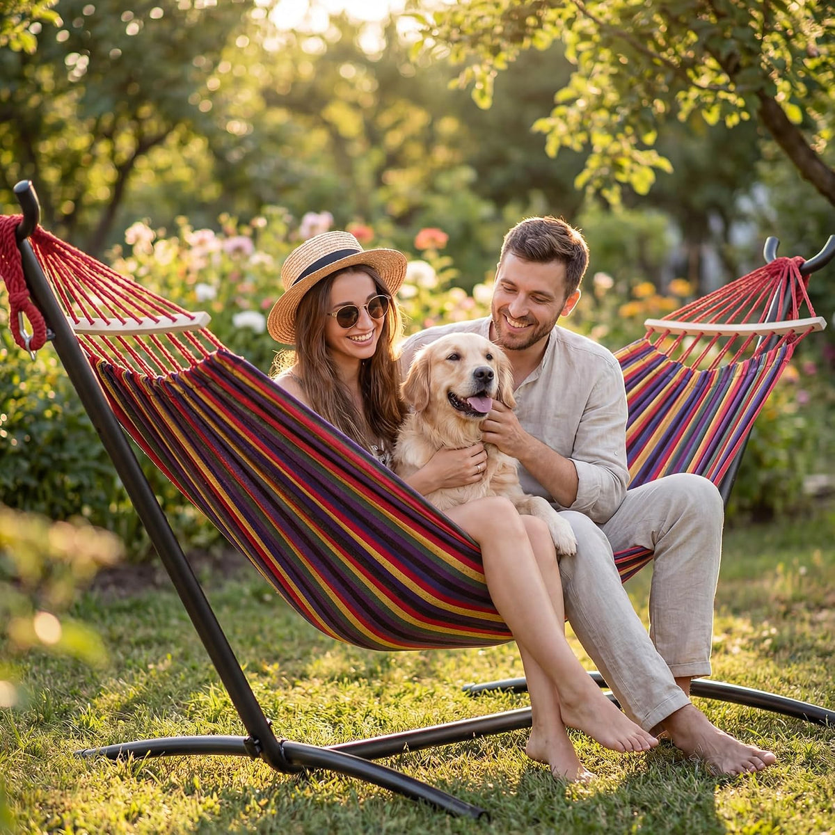 Everyfun Double Hammock with Stand for 2 Person, 600 lb Capacity, Rainbow
