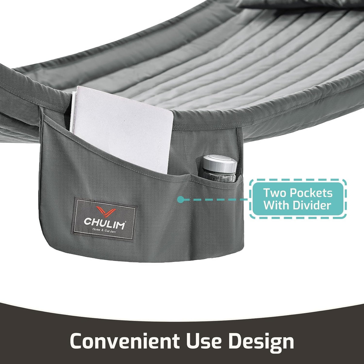 CHULIM Double Quilted Fabric Hammock with Hardwood Spreader Bars and Pillow 450 LBS Capacity 2 Person Large Hammock for Outdoor Patio Backyard Poolside - Dark Grey