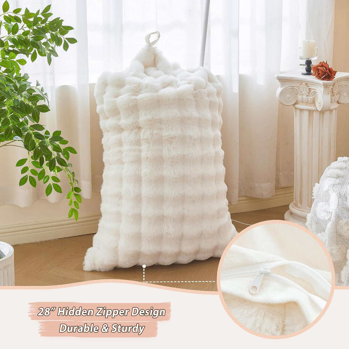 LIFEREVO Faux Rabbit Fur Stuffed Animal Bean Bag Storage (No Filler), Soft Waffle Bubble Beanbag Chair Cover for Kids Girls, Furry Floor Lounger Plush Toys Organizer for Living Room Bedroom, Beige