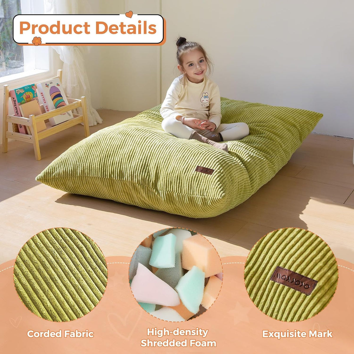 MAXYOYO 3 in 1 Kids Bean Bag Chair, Comfy Floor Sofa with Removed Cover