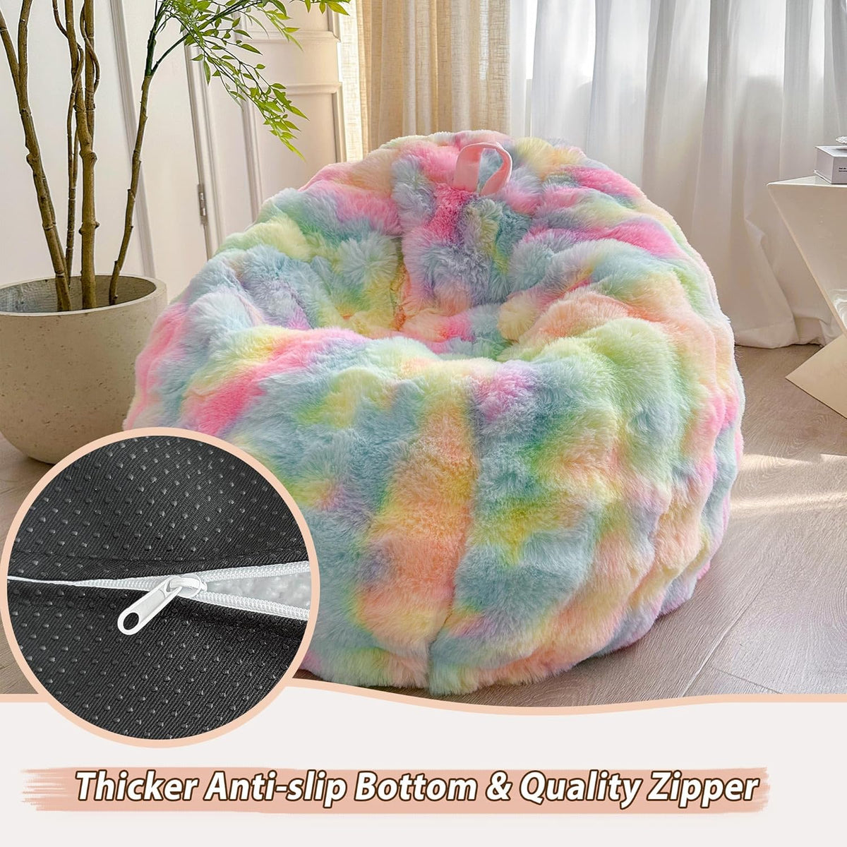 LIFEREVO Kids Fluffy Faux Rabbit Fur Bean Bag Cover, No Filler, Rainbow