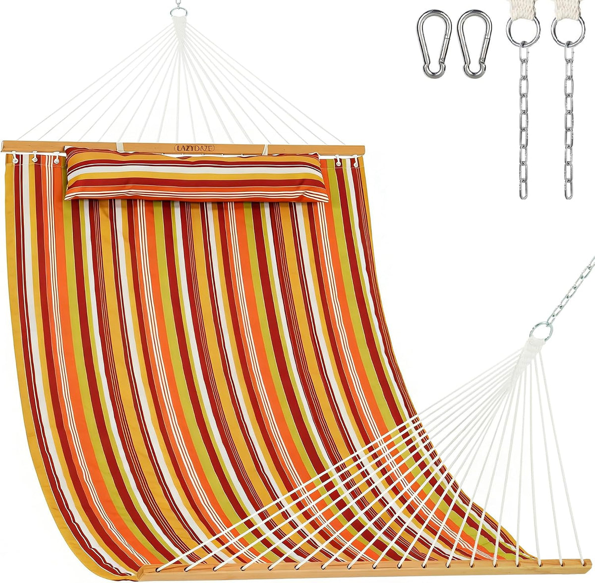 Lazy Daze Double Quilted Hammock with Pillow and Carabiners, Vivid Stripe