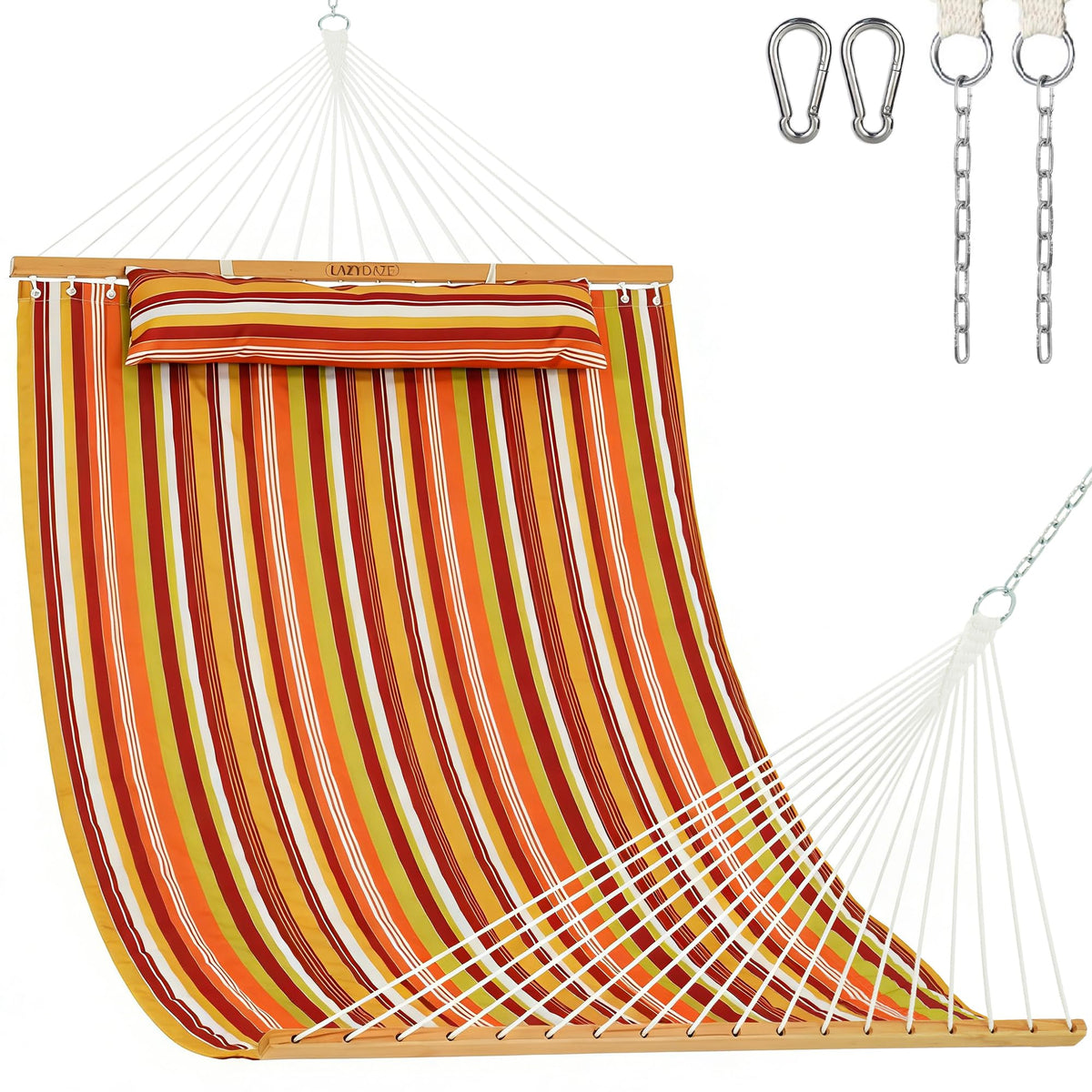 Lazy Daze Double Quilted Hammock with Pillow and Carabiners, Vivid Stripe