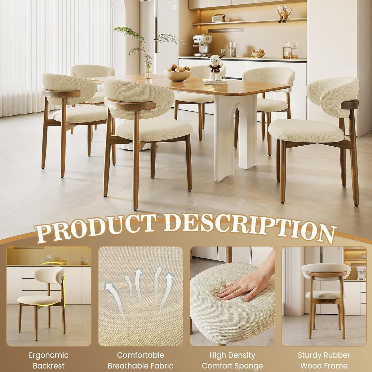 LEVELEVE Wooden Dining Chairs Set of 6,Farmhouse Kitchen Chairs with Curved Back,Modern Fabric Upholstered Chairs for Dining Room,Beige