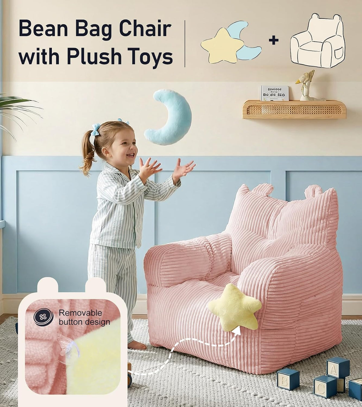 little dove Kids Bean Bag Chair with 2 Plush Toys, Comfy Bean Bag Sofa