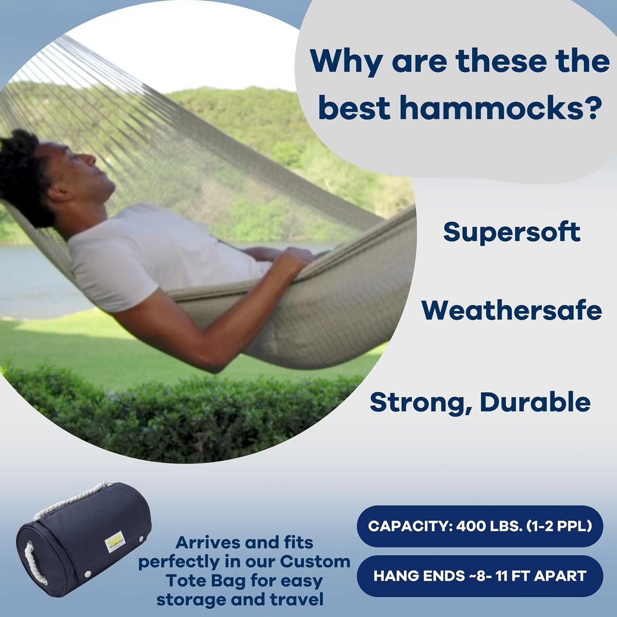 Handwoven Hammock by Yellow Leaf Hammocks - Double Size, Fits 1-2 PPL, 400lb max - Weathersafe, Super Strong, Easy to Hang, Ultra Soft, Artisan Made - Color: Grey