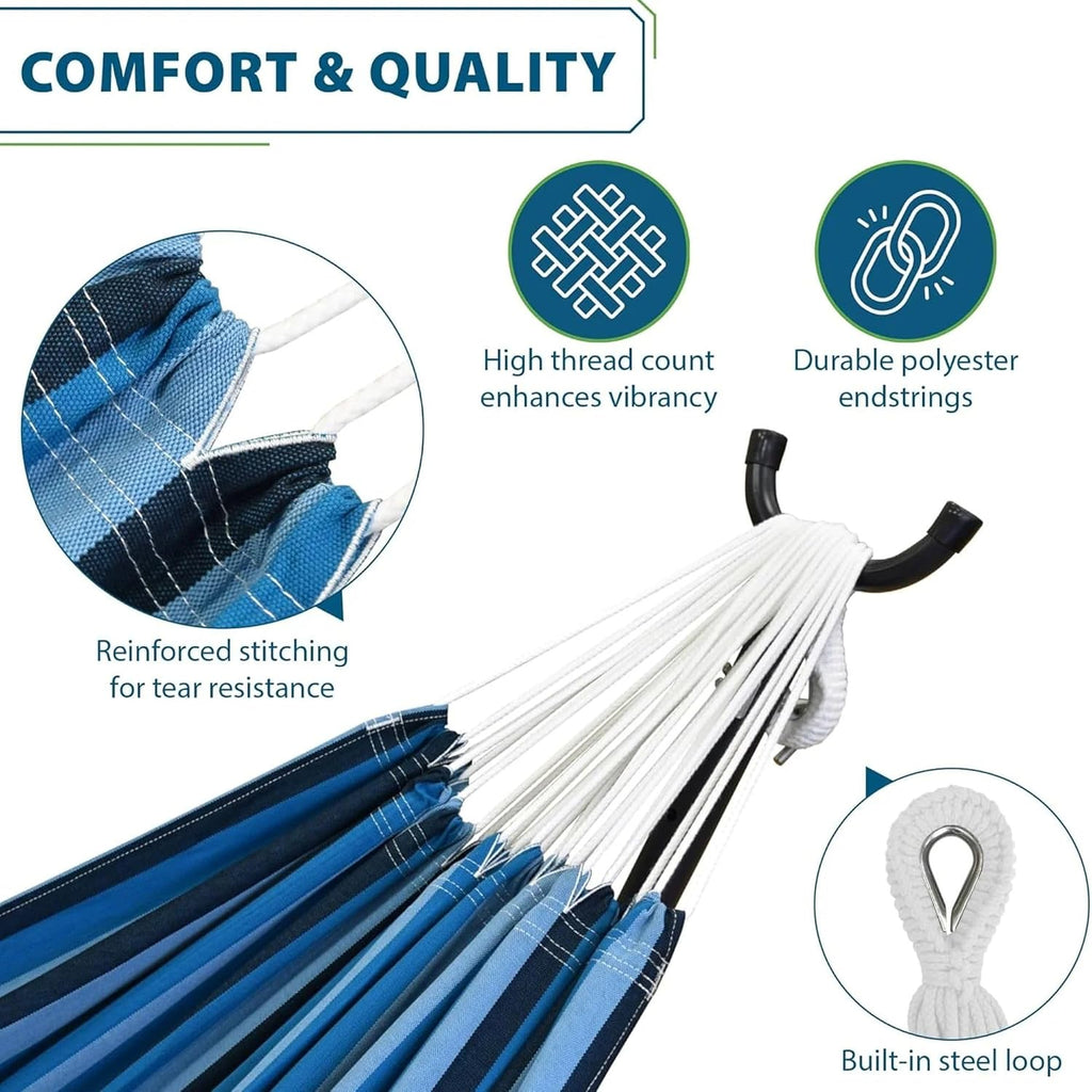 Vivere Double Cotton Hammock, Space Saving Steel Stand, Blue Lagoon, 9 Ft