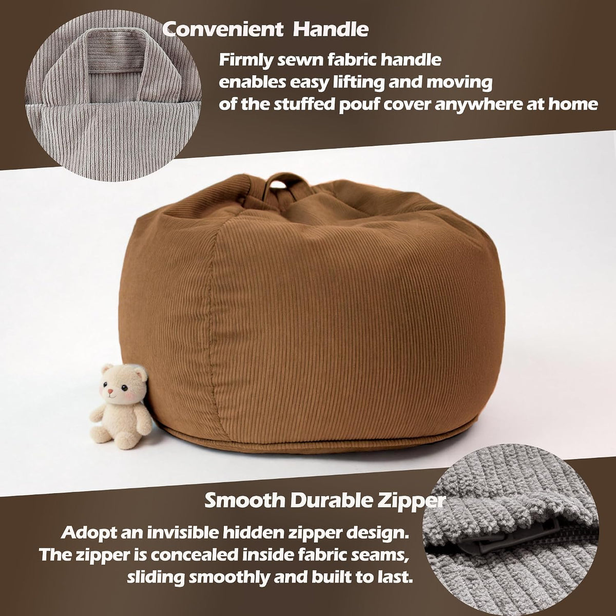 LPMOERA Stuffed Animal Storage Soft Bean Bag Chair Cover No Filler Caramel