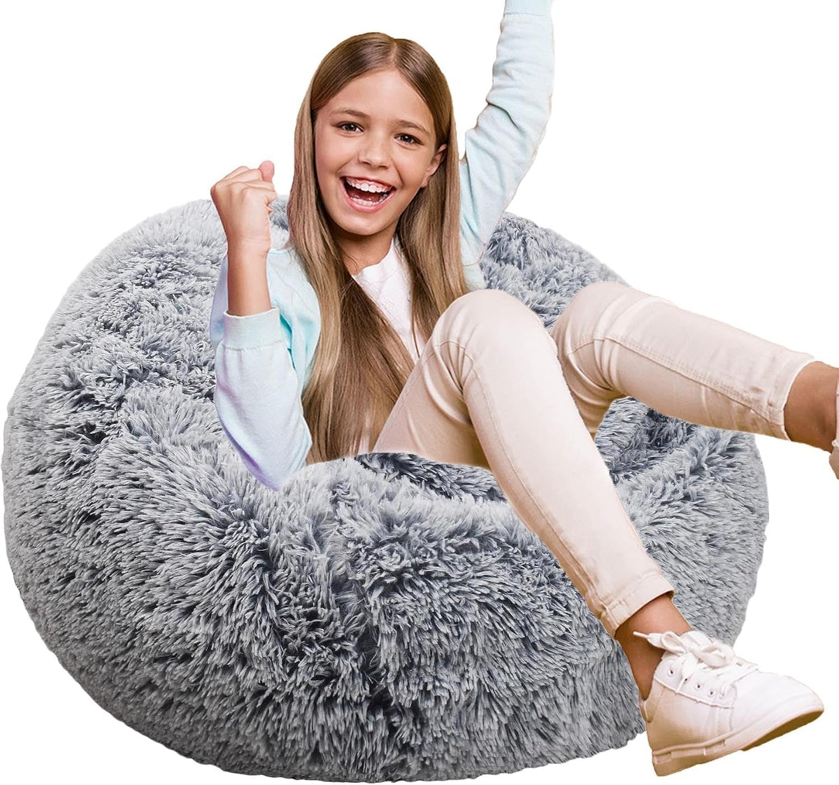 Fluffy Bean Bag Chair for Kids, 2.5FT Round Memory Foam Filled Bean Bag for Teens & Kids, Ultra Soft Faux Fur Fabric Bean Bag Chairs for Playroom, Living Room, Bedroom,Pink