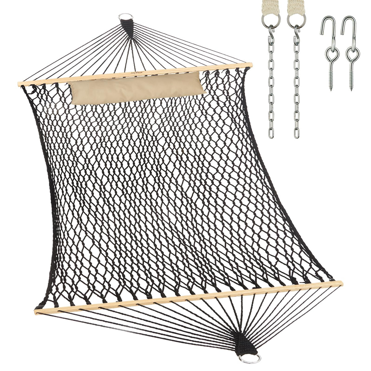 JoyView Traditional Rope Double Hammock - Hand Woven Cotton Hammock with Hardwood Spreader Bar and Pillow 450lb Capacity for Outdoor Indoor Patio Yard - Natural