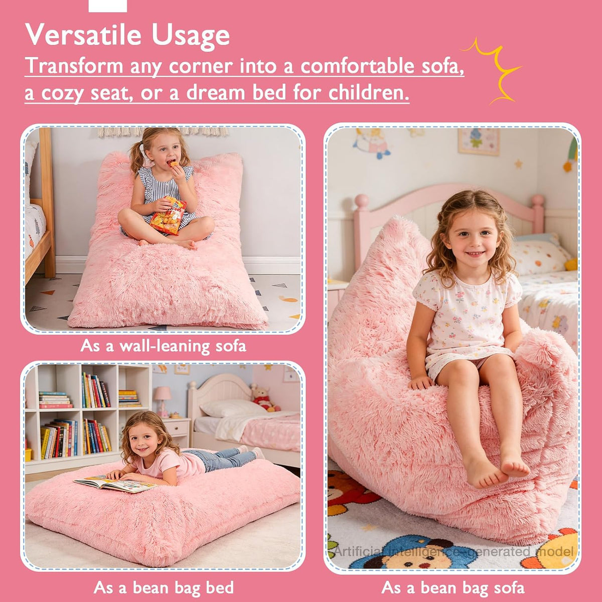 3 in 1 Kids Bean Bag Chair Bed, Kids Fluffy Stuffed Floor Pillow for Gaming and Reading, Ultra Soft Faux Fur Fabric Bean Bag Chairs to Lounger for Playroom, Living Room, Bedroom, Pink