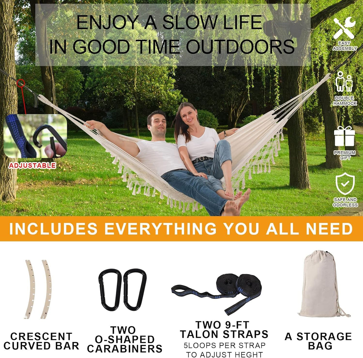 Hammock Hanging Swing Double Max 500lbs Macrame for Indoor Outdoor Patio Yard Garden (Beige)