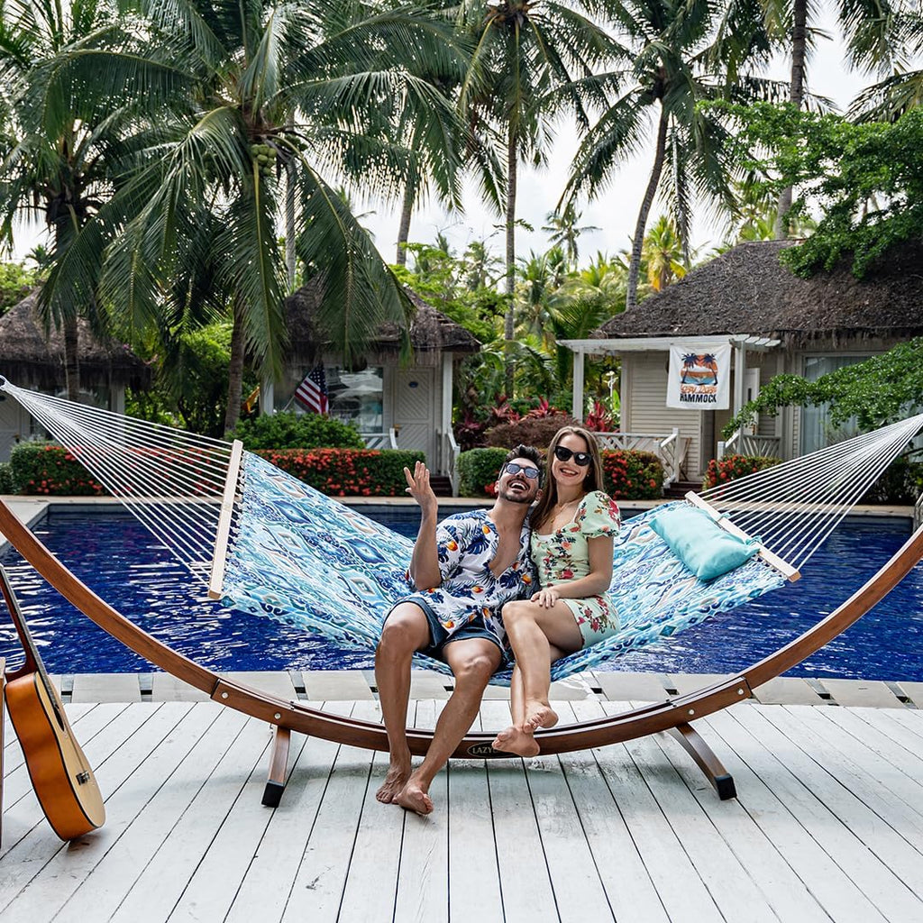 Lazy Daze 12FT Double Quilted Hammock for Outside with Pillow, Floral Auqa