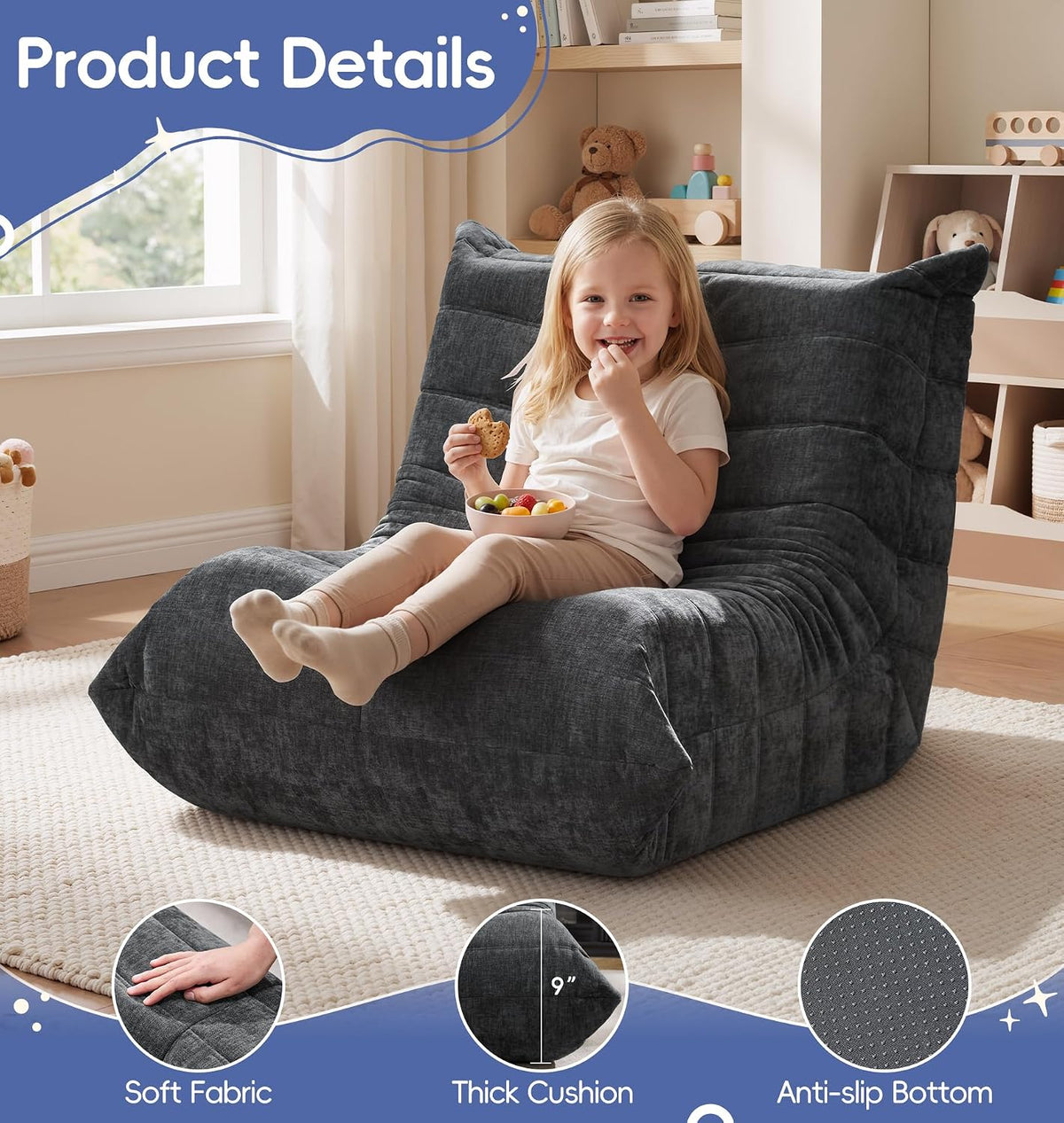 Hobestluk Kids Bean Bag Chair Fluffy Dark Grey Large Beanbag Couch