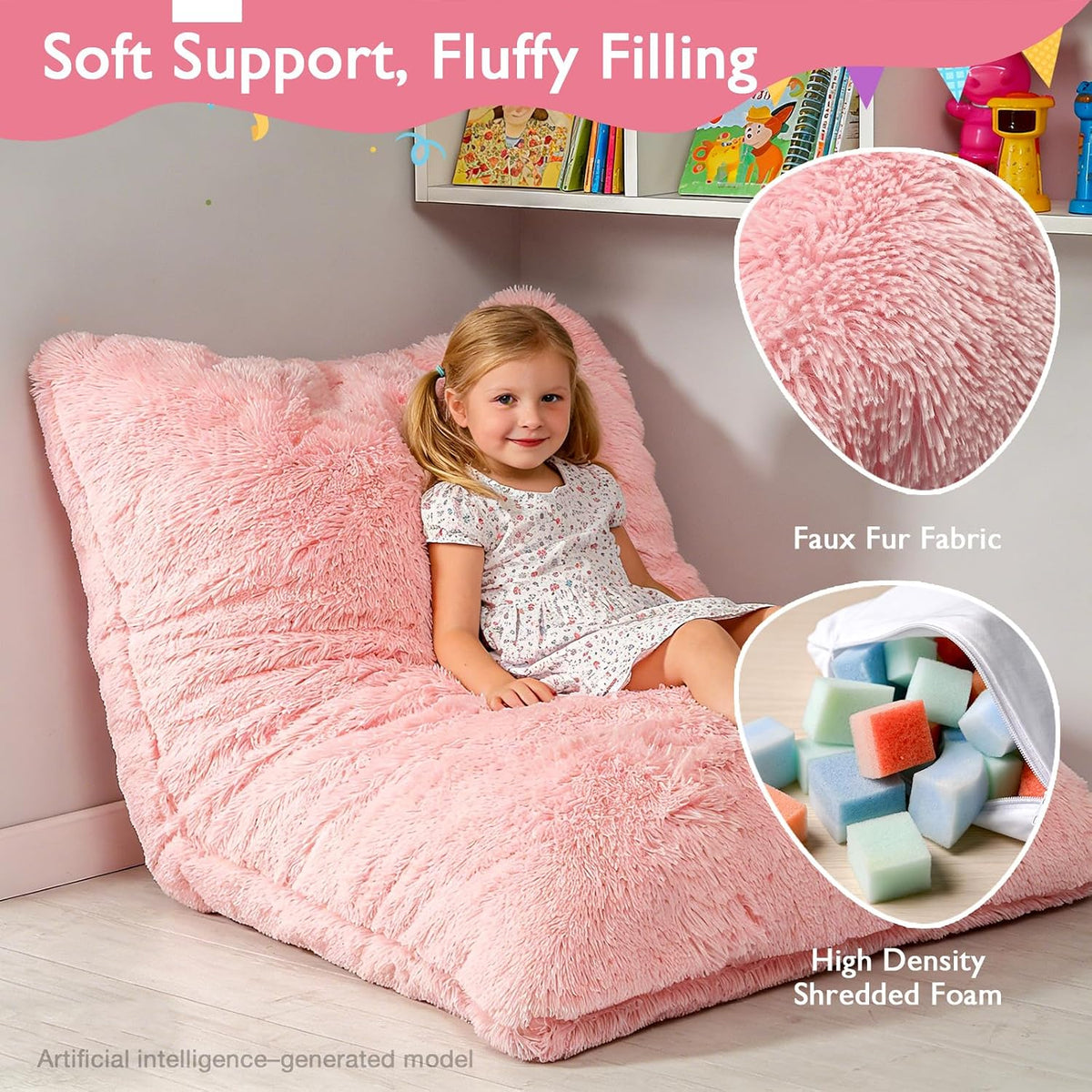 3 in 1 Kids Bean Bag Chair Bed, Kids Fluffy Stuffed Floor Pillow for Gaming and Reading, Ultra Soft Faux Fur Fabric Bean Bag Chairs to Lounger for Playroom, Living Room, Bedroom, Pink