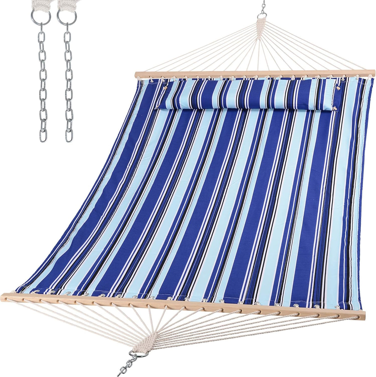 SUNCREAT Hammocks Quilted Fabric Hammock, Max 475lbs Capacity, Blue Stripes