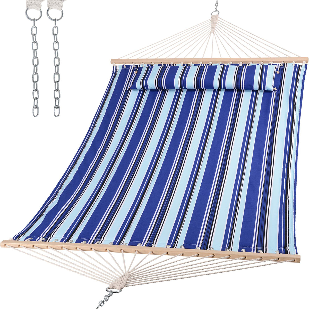 SUNCREAT Hammocks Quilted Fabric Hammock, Max 475lbs Capacity, Blue Stripes