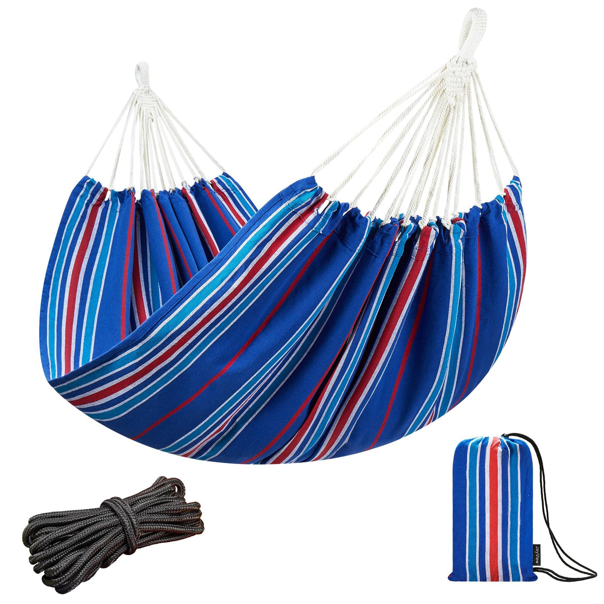 JoyView Brazilian Double Hammock with Hanging Ropes Extra Large 86.6x59” Portable Cotton Hammock for Patio Backyard Porch 450LBS Weight Capacity Perfect for Outdoor/Indoor - Color Stripes