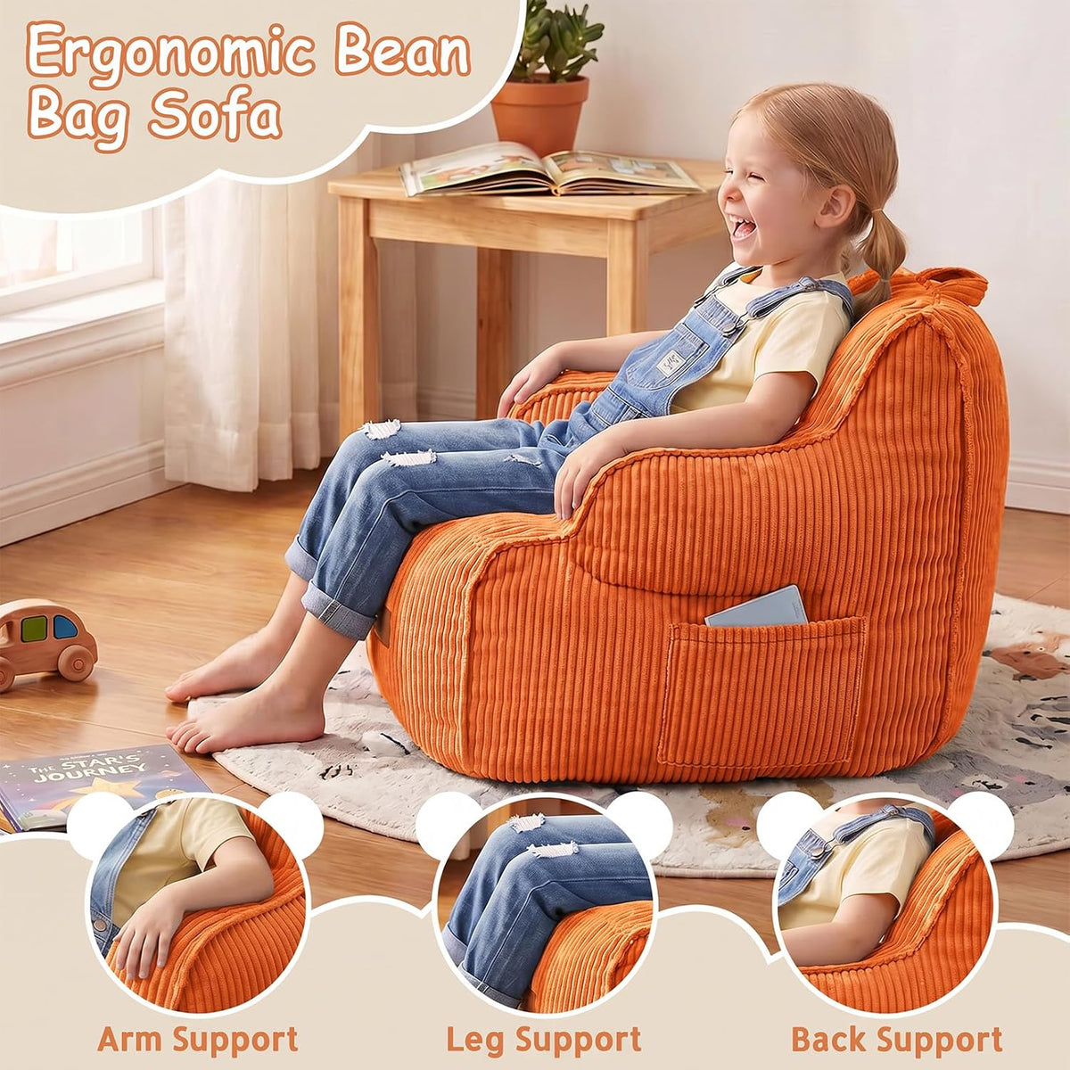 Bean Bag Chairs for Kids, Kids Bean Bag with Side Pocket-BurntOrange
