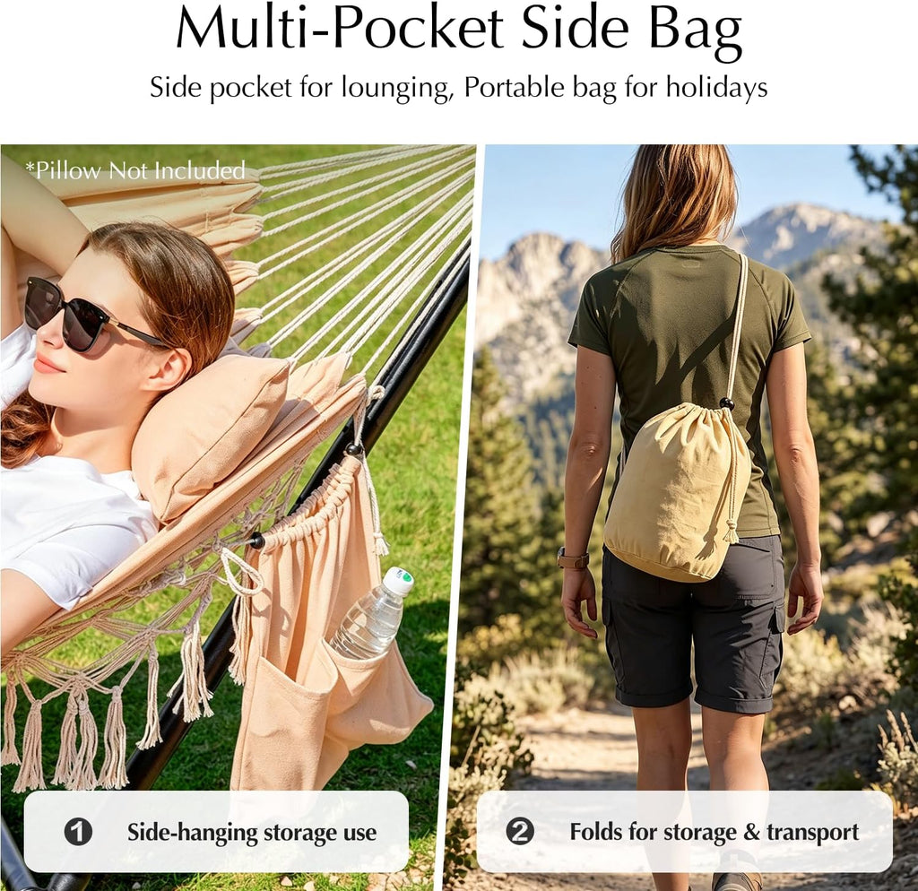 PNAEUT Handmade Tassel Hammock for Outside, 2 Person Tree Hammock for Stand
