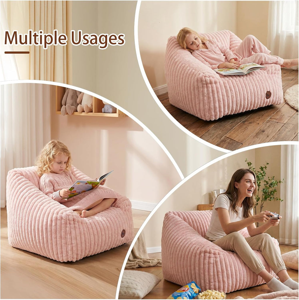 Small Bean Bag Chair for Kids&Teens,Memory Foam Filled Girls Bean Bags with Pink Stripe Plush Bean Bag Washable Cover for Reading Gaming Bedroom Living Room Playroom