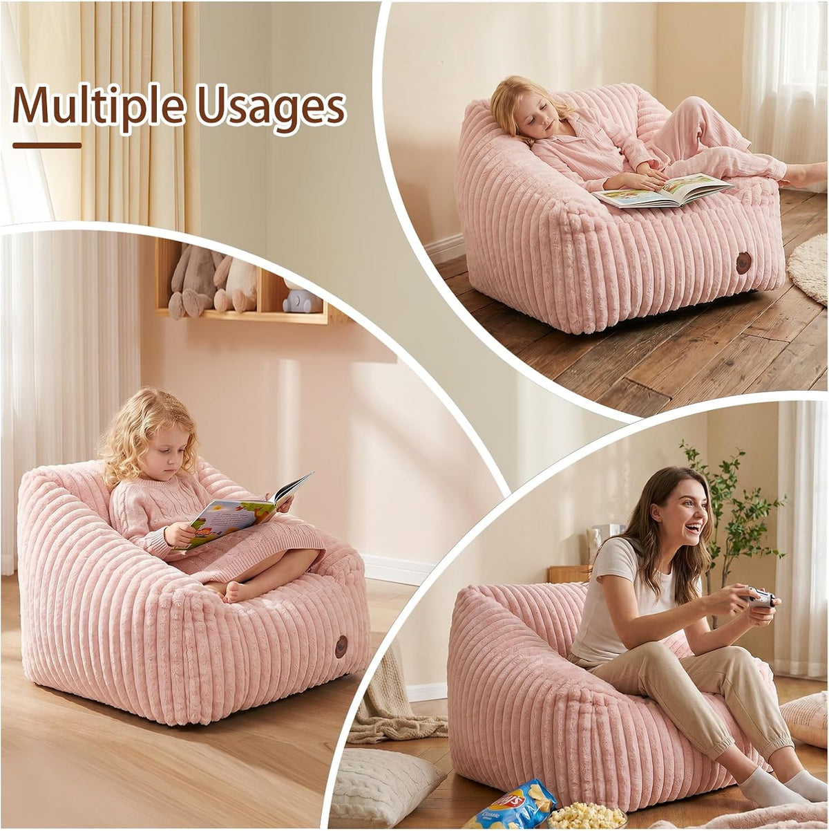 Small Bean Bag Chair for Kids&Teens,Memory Foam Filled Girls Bean Bags with Pink Stripe Plush Bean Bag Washable Cover for Reading Gaming Bedroom Living Room Playroom