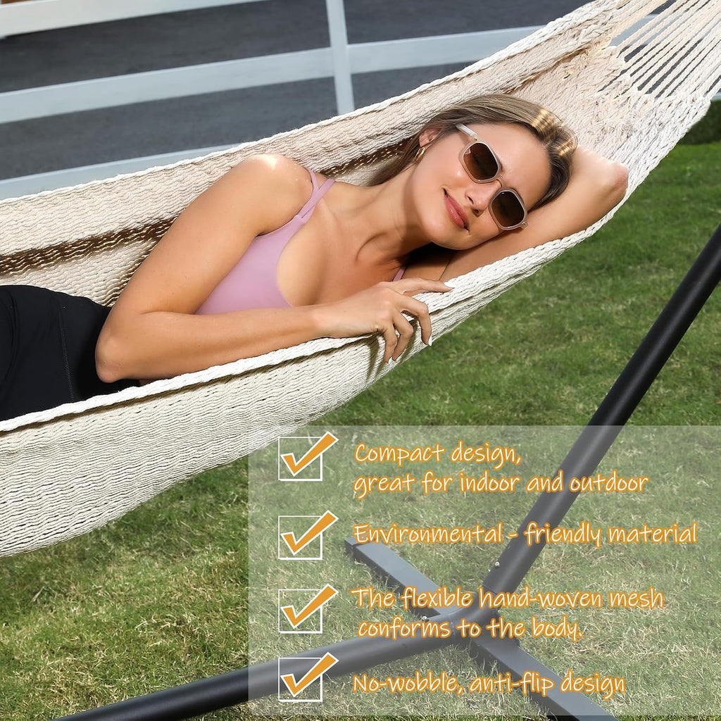 ZEAN Handwoven Hammock by Thick Cotton Rope XXL Two Person Hammock for Outside, Patio Backyard Garden 550LB Capacity