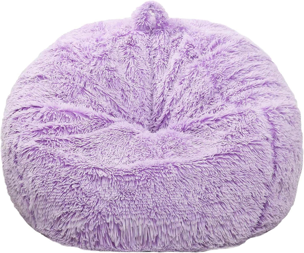 Fluffy Stuffed Animal Storage Bean Bag Chair Cover (No Filler), Faux Fur Comfy Bean Bag Cover for Organizing Plush Toys or Textile, for Adults Teens Kids Girls, Lavender