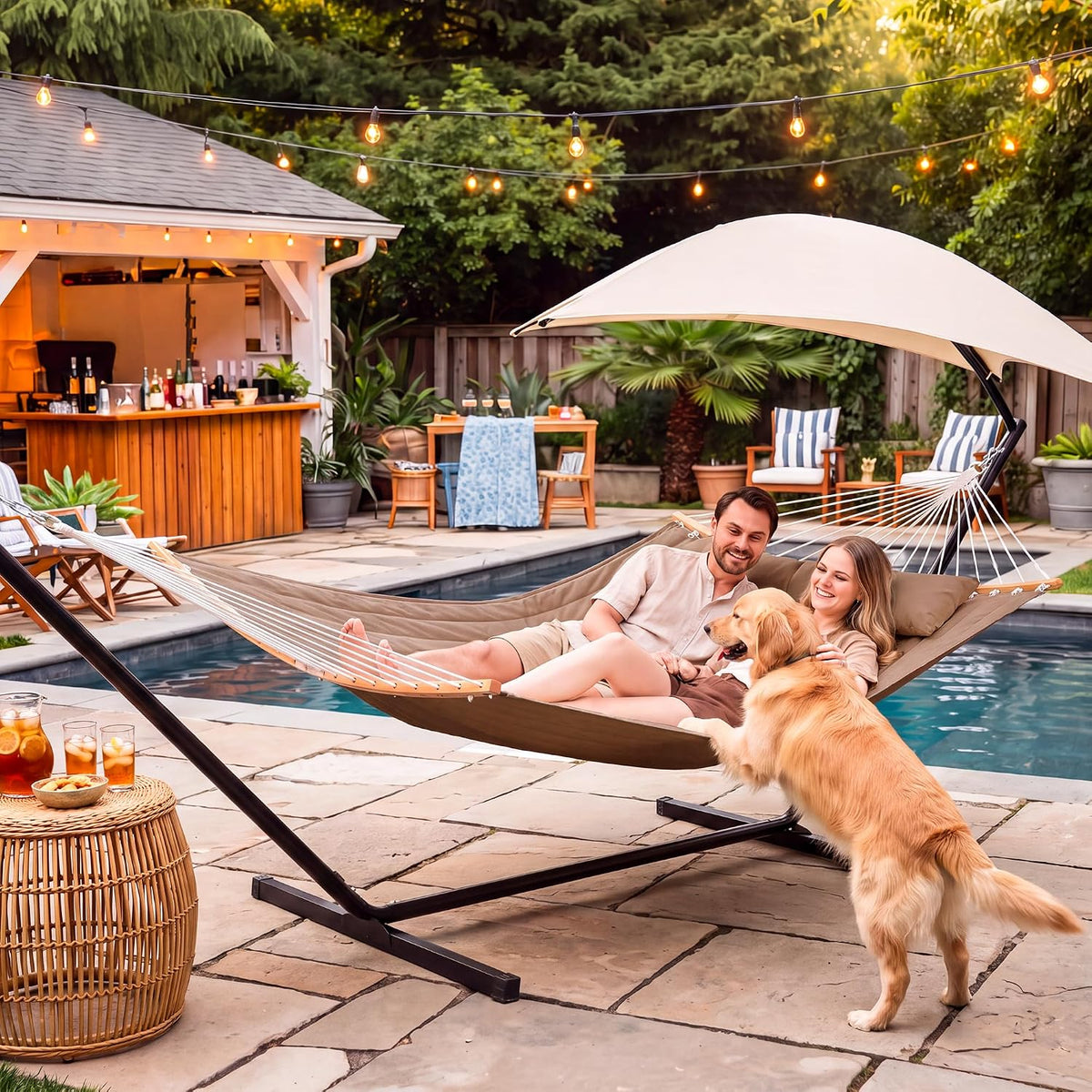 SUNCREAT 2 Person Hammock with Stand for Outside, Brown