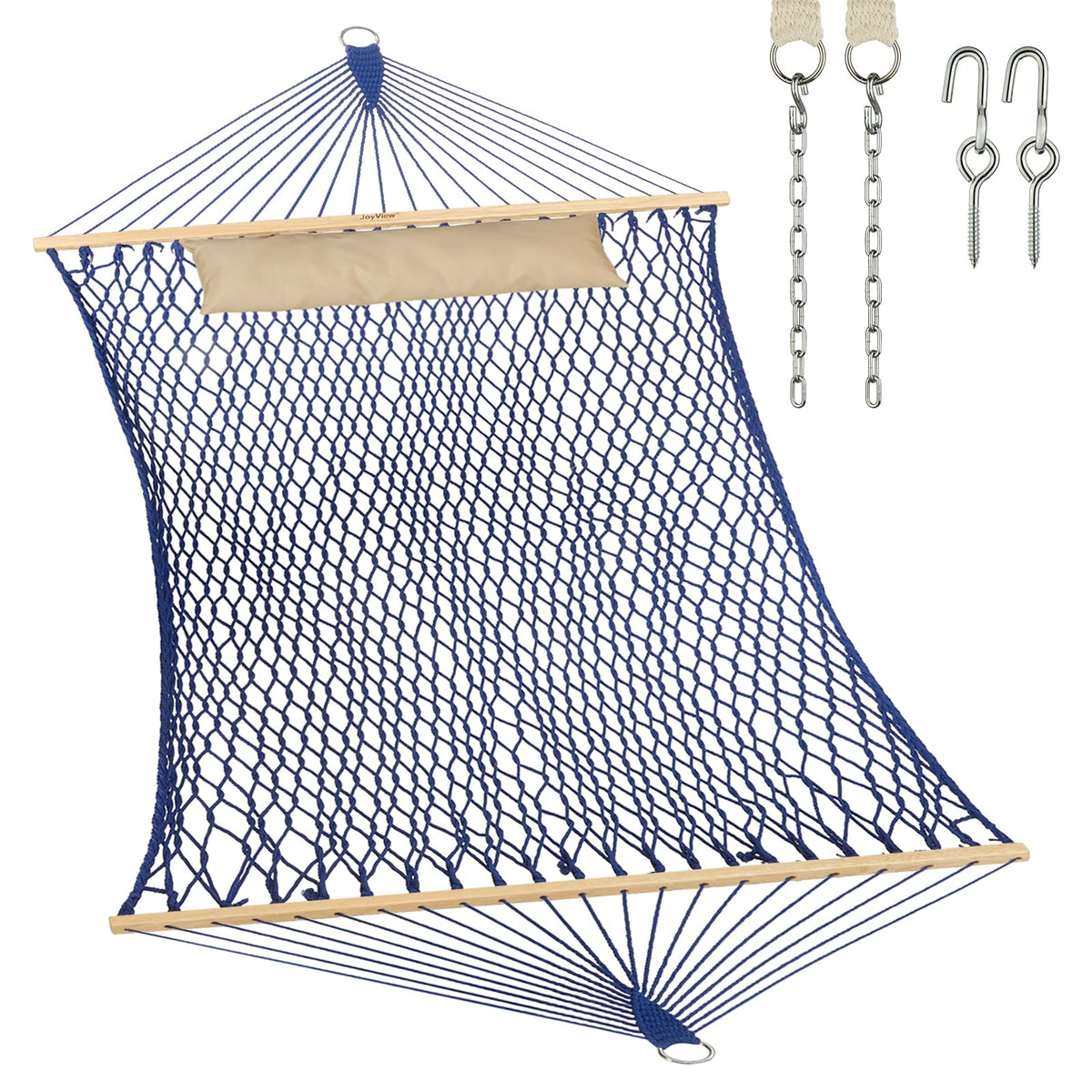 JoyView Traditional Rope Double Hammock - Hand Woven Cotton Hammock with Hardwood Spreader Bar and Pillow 450lb Capacity for Outdoor Indoor Patio Yard - Natural