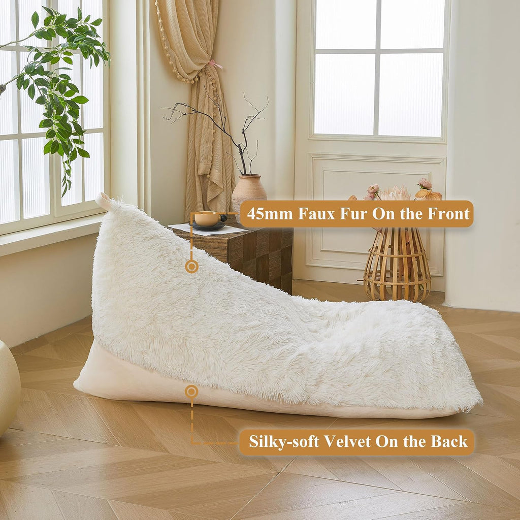 XeGe Fluffy Kids Stuffed Animal Storage Bean Bag Cover (No Filler), Plush Fuzzy Faux Fur Beanbag Organizer with Handle for Teens Girls Adults, Shaggy Furry Plush Toys Holder Floor Lounger Chair, Beige
