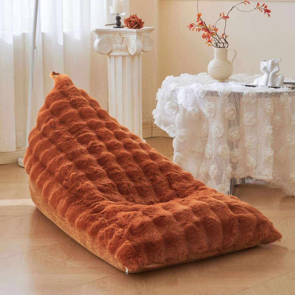 LIFEREVO Faux Rabbit Fur Stuffed Animal Bean Bag Storage (No Filler), Soft Waffle Bubble Beanbag Chair Cover for Kids Girls, Furry Floor Lounger Plush Toys Organizer for Living Room Bedroom, Beige