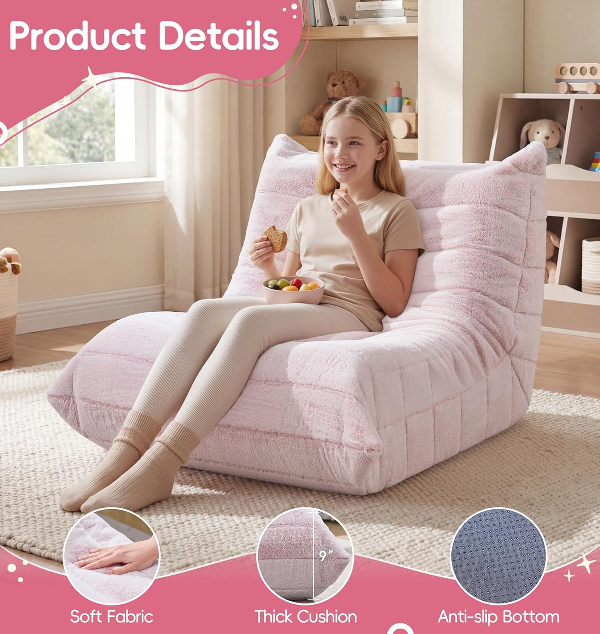 Hobestluk Kids Bean Bag Chair Fluffy Light Pink Large Beanbag Couch