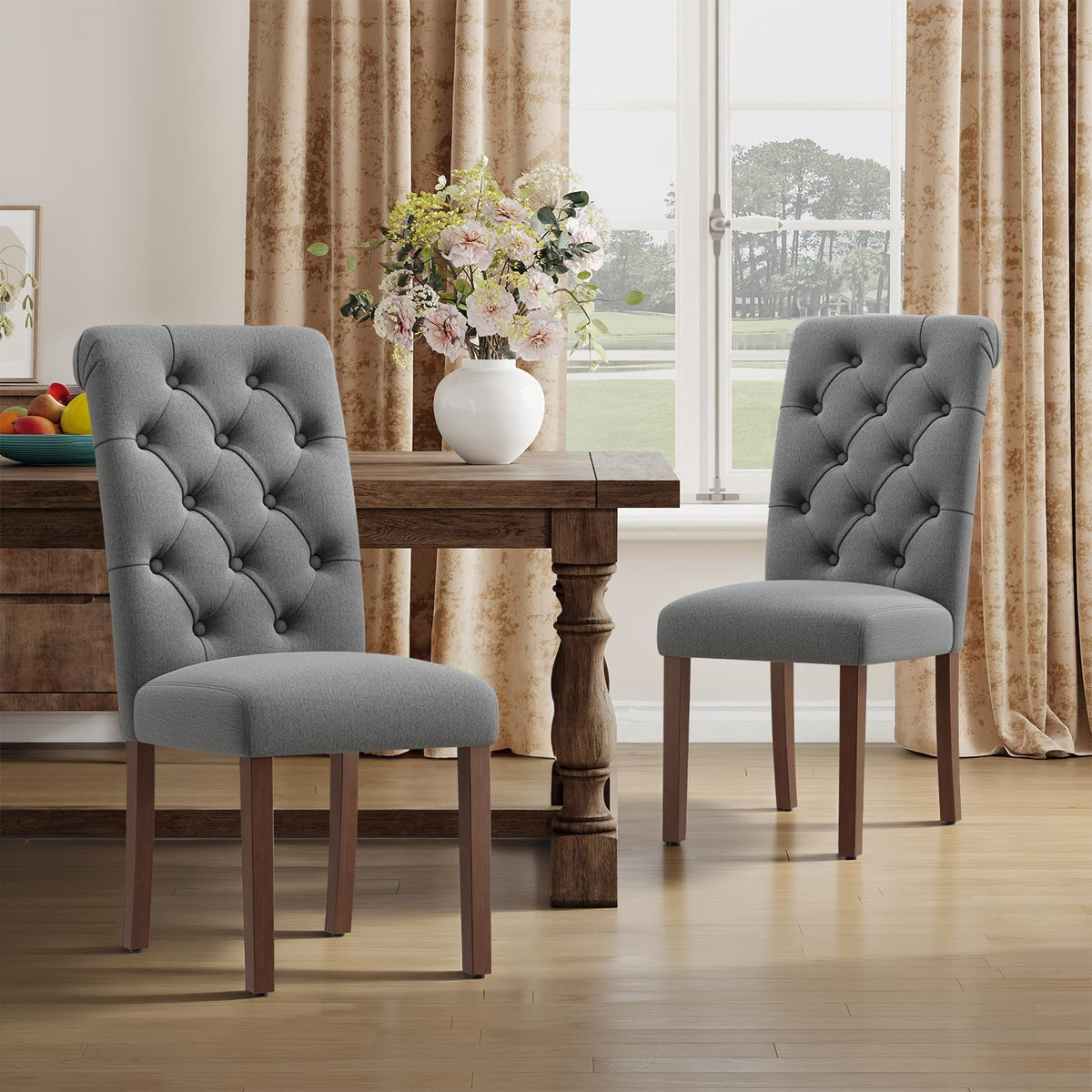 MALOL Upholstered Tufted Dining Room Chairs Set of 4, Parsons Kitchen Chairs with Padded Seat and Solid Wood Legs, Fabric Accent Side Diner Chair for Dining Room/Kitchen/Living Room, Beige