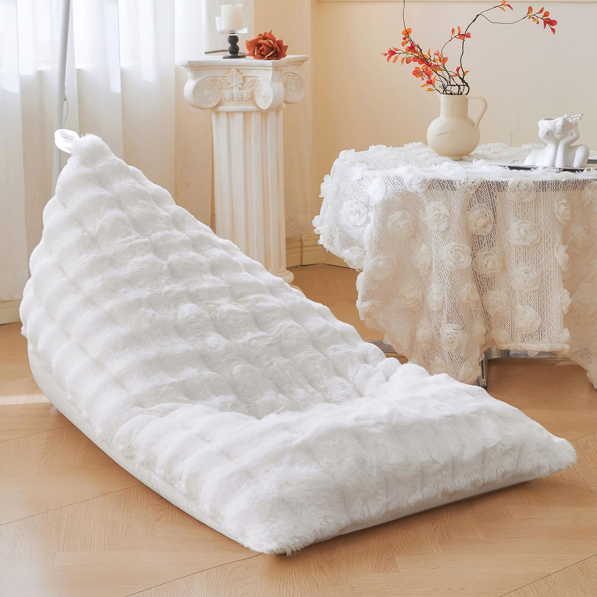 LIFEREVO Faux Rabbit Fur Stuffed Animal Bean Bag Storage (No Filler), Soft Waffle Bubble Beanbag Chair Cover for Kids Girls, Furry Floor Lounger Plush Toys Organizer for Living Room Bedroom, Beige