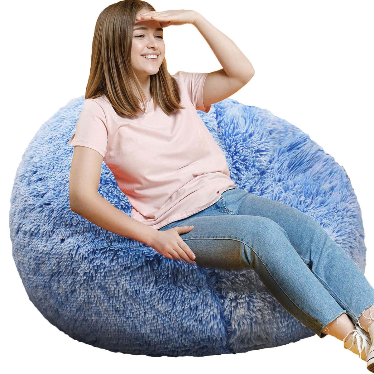 Fluffy Bean Bag Chair for Kids, 2.5FT Round Memory Foam Filled Bean Bag for Teens & Kids, Ultra Soft Faux Fur Fabric Bean Bag Chairs for Playroom, Living Room, Bedroom, Dark Green