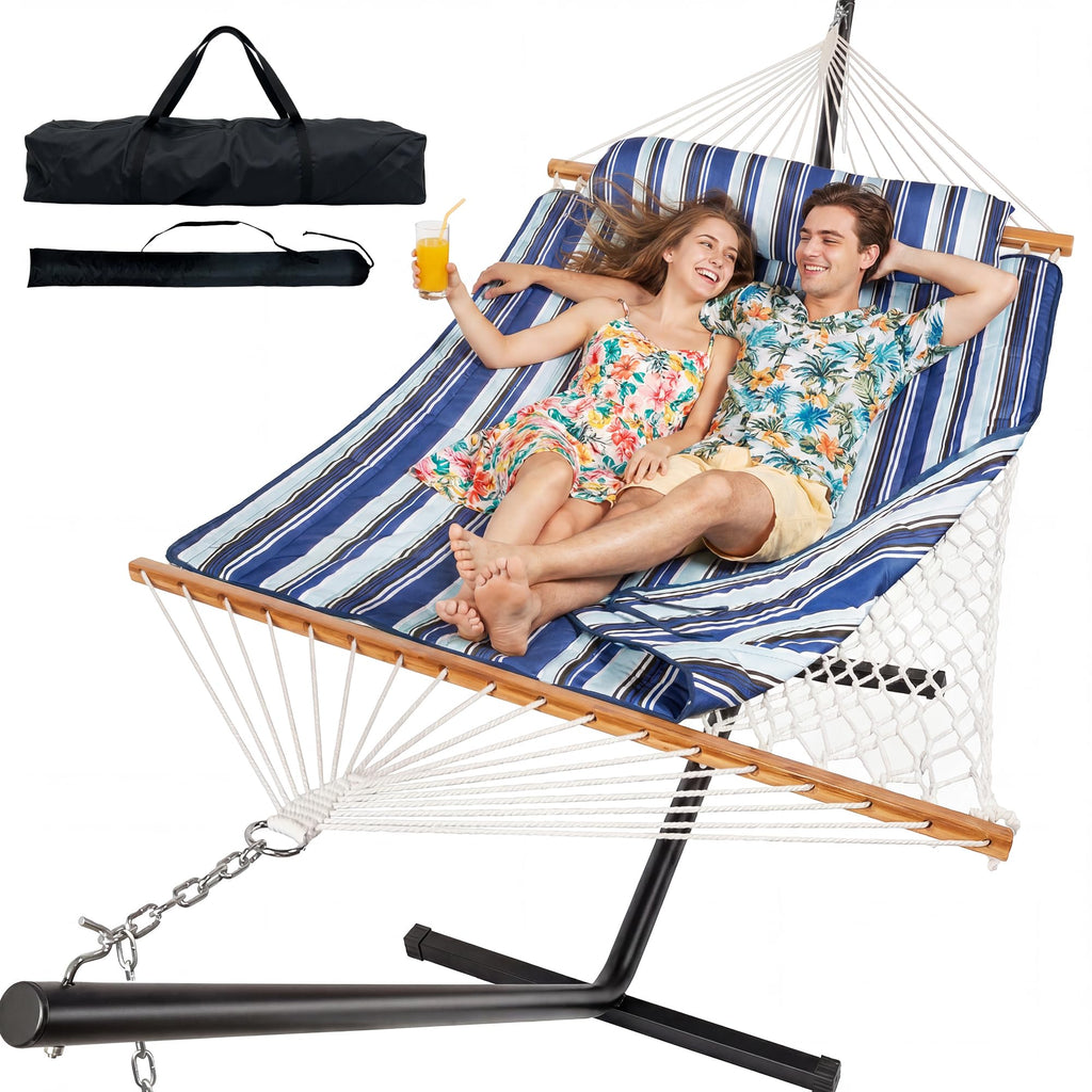 Everyfun 2 Person Double Hammock with Stand, 500 lb Cotton Rope, Blue