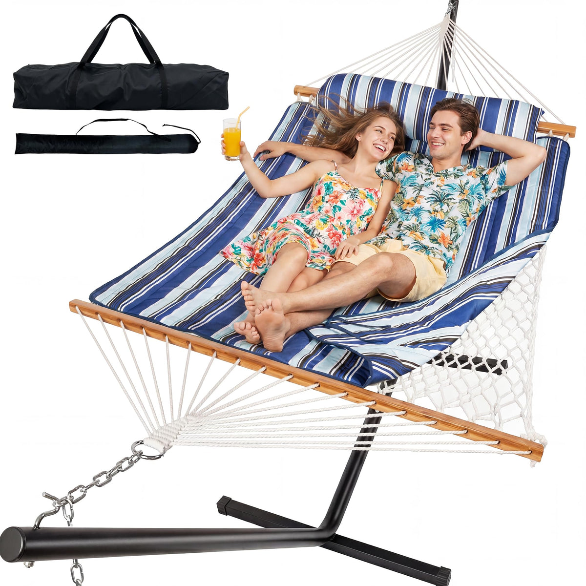 Everyfun 2 Person Double Hammock with Stand, 500 lb Cotton Rope, Blue