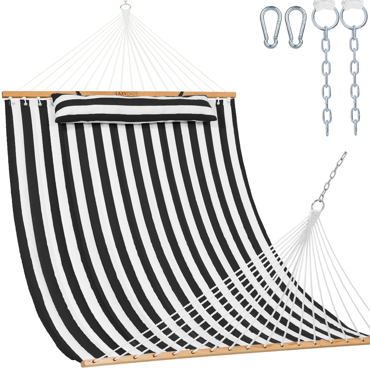 Lazy Daze Double Quilted Hammock with Pillow and Carabiners, Vivid Stripe