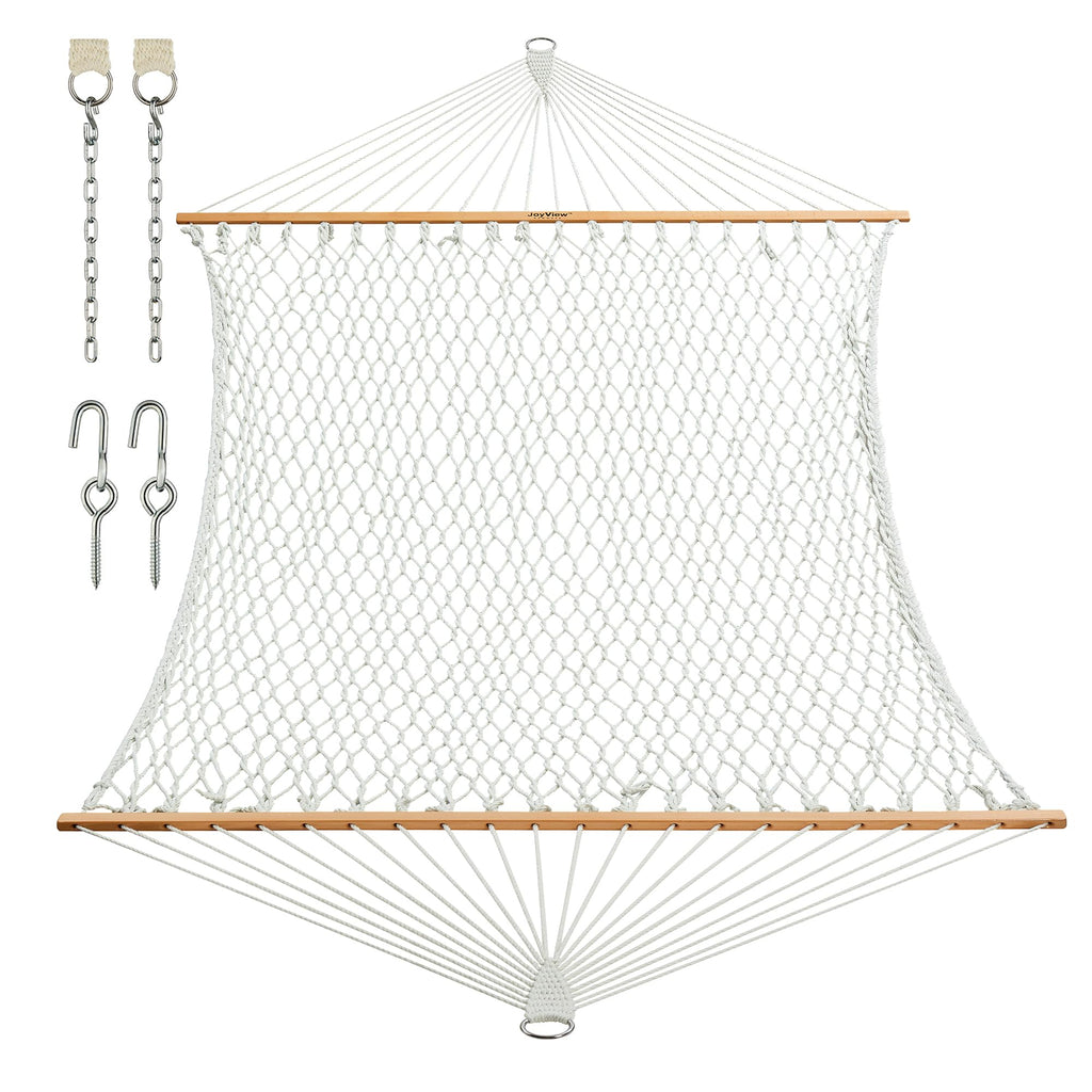 JoyView Traditional Rope Double Hammock - Hand Woven Cotton Hammock with Hardwood Spreader Bar and Pillow 450lb Capacity for Outdoor Indoor Patio Yard - Natural